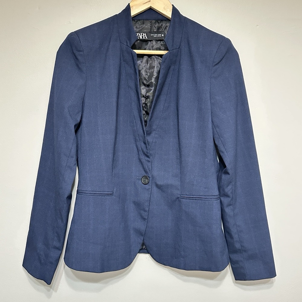 Zara Plaid Blazer Womens Size 4 Navy Blue Notch Collar Lightweight Career Office